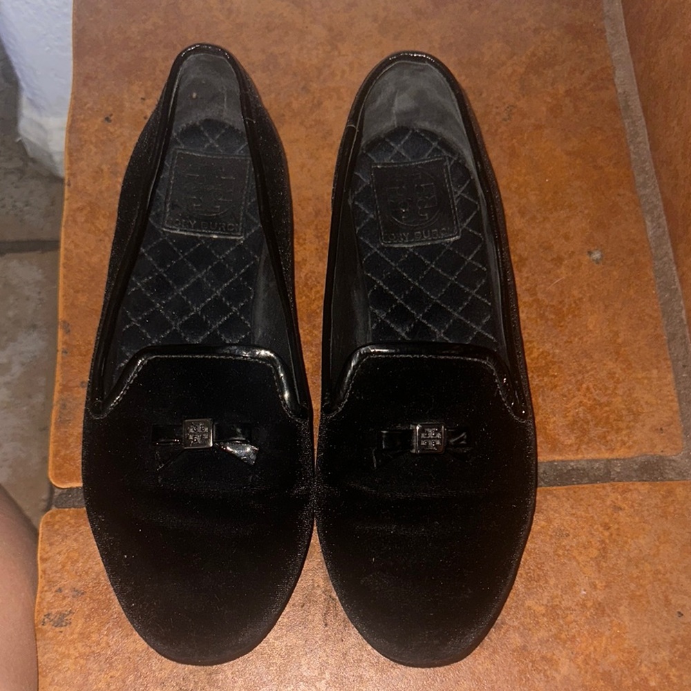 Tory Burch Black Velvet Flats with Quilted Design